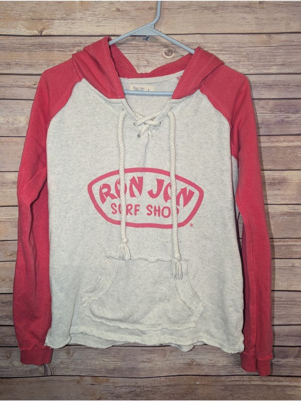 Ron Jon Surf Shop Hoodie Womens Small Red Gray Lace Up Pullover Sweatshirt